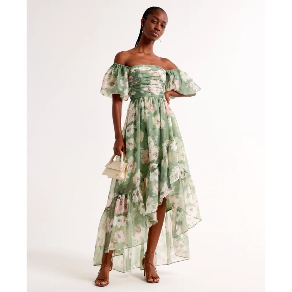 Abercrombie & Fitch Emerson Off-The-Shoulder Drama Maxi Dress Sage Green Petite